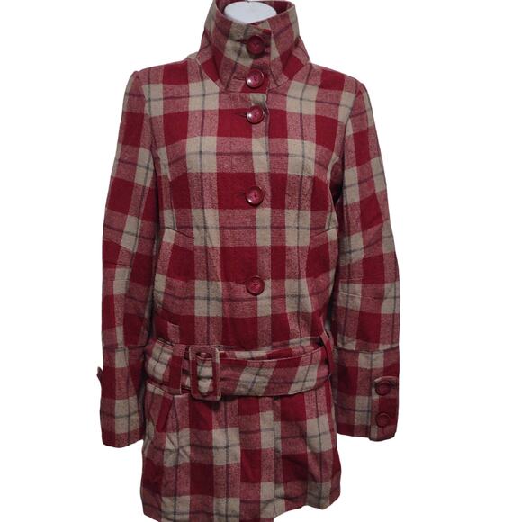 BB Dakota Red Plaid Rayon Peplum Coat - Picture 8 of 10